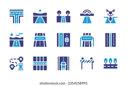 Road icon set. Duotone color. Vector illustration. Containing road, street, bus lane, rainbow, motorbike, highway, lane, route, road block, parking, car.