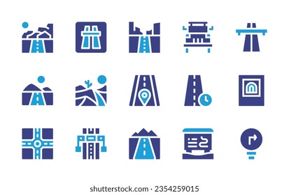 Road icon set. Duotone color. Vector illustration. Containing off road, highway, road, mountain, time, tunnel, ski resort, turn right, desert, intersection, motorway.