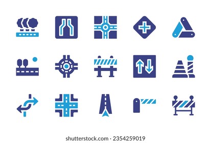 Road icon set. Duotone color. Vector illustration. Containing road, narrow, cross, warning sign, two way, cone, barrier, construction, barrier, navigation, architecture and city.