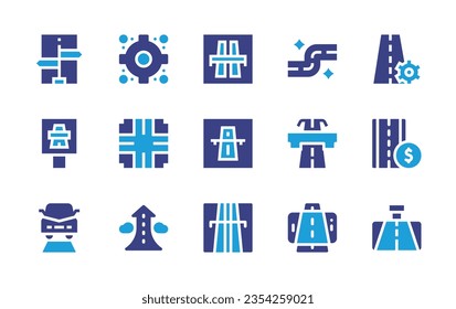 Road icon set. Duotone color. Vector illustration. Containing way, toll road, sign, roundabout, highway, crossing, motorway, settings, car, growth, augmented reality, rearview mirror.