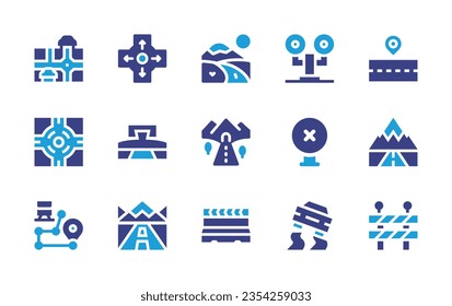 Road icon set. Duotone color. Vector illustration. Containing traffic light, road, map, roundabout, road block, slippery, barrier, rearview mirror, train, highway, tunnel, roadblock.