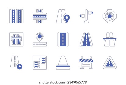 Road icon set. Duotone style line stroke and bold. Vector illustration. Containing motorway, road, signpost, roundabout, location, highway, time, traffic, cone, barrier, danger.