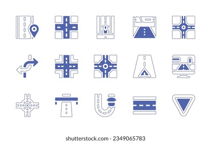 Road icon set. Duotone style line stroke and bold. Vector illustration. Containing route, crossroad, racing, game, billboard, junction, roundabout, gps, car, simulation, motorway, fast, road, yield.