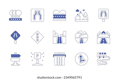 Road icon set. Duotone style line stroke and bold. Vector illustration. Containing road, narrow, mountain, traffic, sign, light, parking, motorway, track.