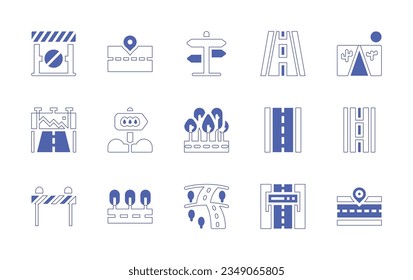 Road icon set. Duotone style line stroke and bold. Vector illustration. Containing road, block, banner, sign, location.
