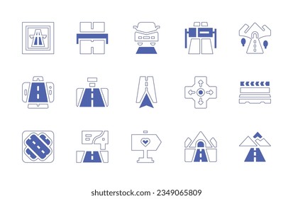 Road icon set. Duotone style line stroke and bold. Vector illustration. Containing motorway, toll, car, tunnel, augmented, reality, rearview, mirror, navigation, roundabout, roadblock, crossroad.
