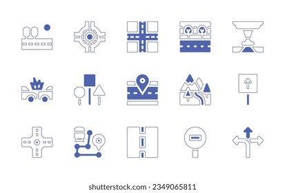 Straßensymbol-Set. Duotone Stil Linie Strich und fett. Vektorgrafik. Beinhaltet Architektur, und, Stadt, Kreisverkehr, Autobahn, Tornado, Auto, Unfall, Straße, Schild, Gebirge, gerade, Kreuzung.