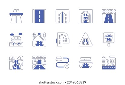 Straßensymbol-Set. Duotone Stil Linie Strich und fett. Vektorgrafik. Einschließlich Straße, Verkehr, Schild, Tunnel, Start, Reise, Straße, schmale, Autobahn, Fahrzeug, Rückansicht, Spiegel, Stadt.