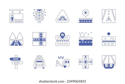 Road icon set. Duotone style line stroke and bold. Vector illustration. Containing pedestrian, traffic, light, bridge, road, directional, sign, holidays, car, intersection, steering, wheel.