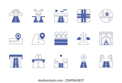 Road icon set. Duotone style line stroke and bold. Vector illustration. Containing rainbow, motorbike, road, crossing, direction, placeholder, location, growth, tunnel, motorway, highway, map.