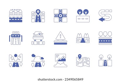 Road icon set. Duotone style line stroke and bold. Vector illustration. Containing snowfall, street, map, road, sign, highway, car, banner.