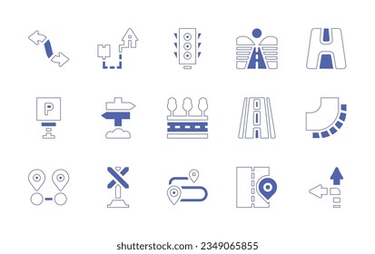 Road icon set. Duotone style line stroke and bold. Vector illustration. Containing double, arrow, shipping, traffic, light, road, parking, sign, directional, curve, distance, route, architecture.