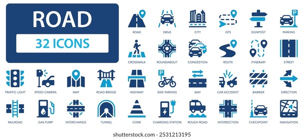 Conjunto de iconos de carretera. Carretera, calle, camino, GPS, tráfico, conducir, direcciones, cruce peatonal.