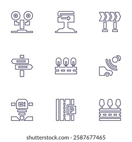 Road icon set. Line style. Editable stroke. traffic light, signboard, directional sign, road drill, road, diversion, toll, parking.