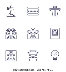 Road icon set. Line style. Editable stroke. road, off road, highway, tunnel, turn right, road sign, rainbow, motorway.