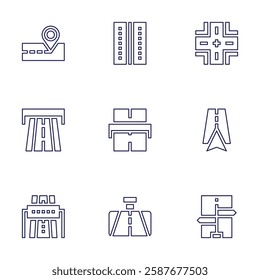 
Road icon set. Line style. Editable stroke. placeholder, crossroads, motorway, navigation, highway, lane, sign, toll, rearview mirror.