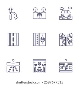 Road icon set. Line style. Editable stroke. road sign, road trip, road, roads, street, bus lane, tunnel.