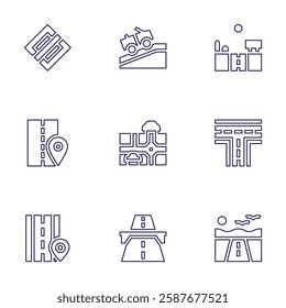 Road icon set. Line style. Editable stroke. end of priority, road, highway, map.