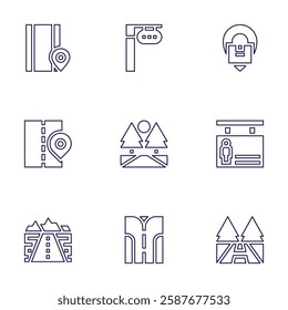 Road icon set. Line style. Editable stroke. architecture and city, tracking, trafficlights, pedestrian, road, fork road, highway.