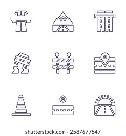 Road icon set. Line style. Editable stroke. way, road, slippery road, road barrier, motorway, work in progress.