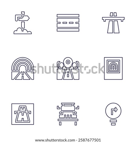 Road icon set. Line style. Editable stroke. road, off road, highway, tunnel, turn right, road sign, rainbow, motorway.