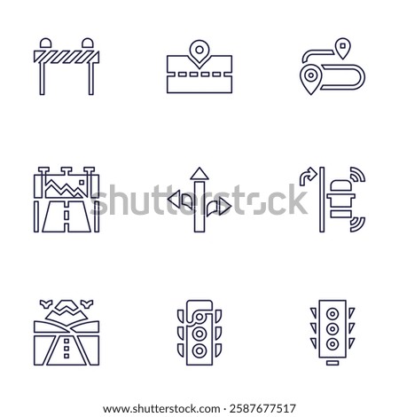 Road icon set. Line style. Editable stroke. traffic light, road block, sign, route, right turn, road, road banner.