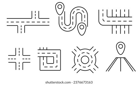 Road icon set. Road sections of different shapes. Navigation and roads related editable stroke outline icons set.