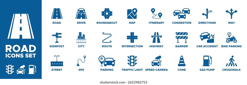 Conjunto de ícones de estrada. estrada, placa de sinalização, rua, gps, cidade, dirigir, rotatória, rota, estacionamento, semáforo, câmera de velocidade, estrada, itinerário, mapa, interseção, congestionamento, barreira. Coleção de ícones do Solid.