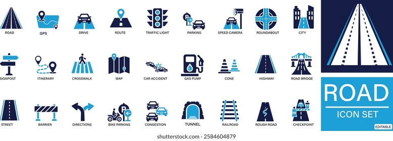 Road icon set street, highway, traffic light, signpost, directions, parking, route, GPS, drive, crosswalk, You can easily change the color