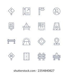 Road icon set. Thin line icon. Editable stroke. Containing no turn, road, placeholder, impediment, road sign, speed radar, railway, trafficlights, advertisement, caution, road block, diagonal arrow.