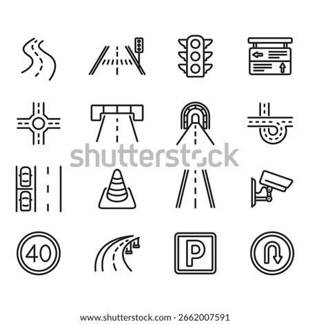 Road icon set. Thin line vectors. Contains icons such as crosswalks, traffic signs, and more.
