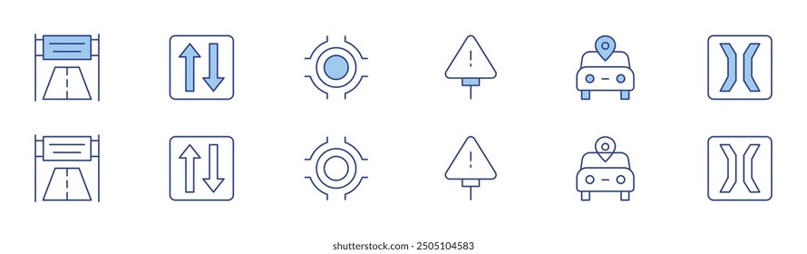 Road icon set in two styles, Duotone and Thin Line style. Editable stroke. warning sign, holidays, road banner, narrow bridge, two ways, roundabout.