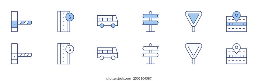 Road icon set in two styles, Duotone and Thin Line style. Editable stroke. toll, signs, yield, road trip.