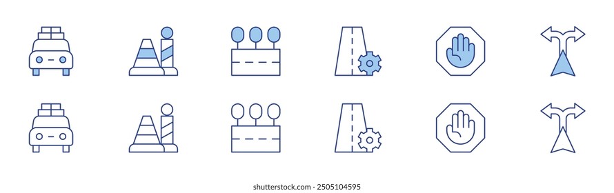 Conjunto de iconos de carretera en dos estilos, estilo Duotone y Thin Line. Configuraciones, días festivos, cono, carretera, señal de stop, direcciones.