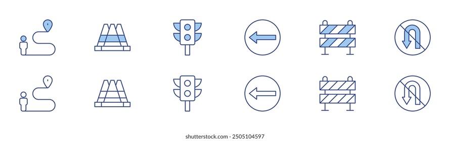 Straßensymbol in zwei Stilen, Duotone und Thin Line Stil. Bearbeitbarer Strich. Straße, rechts, Verkehrsschild, Leitkegel, Ampeln, U-Biegen.