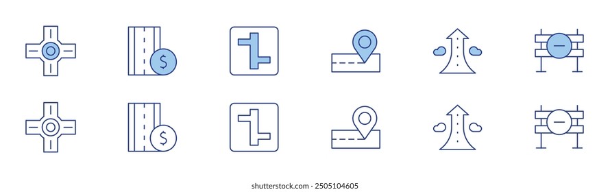 Road icon set in two styles, Duotone and Thin Line style. Editable stroke. placeholder, roundabout, toll road, intersection, growth, road barrier.