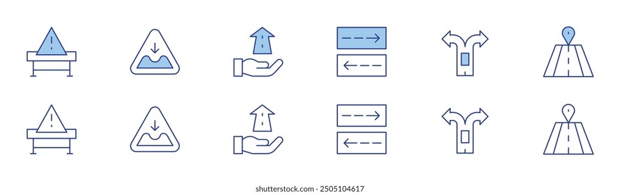 Road icon set in two styles, Duotone and Thin Line style. Editable stroke. barrier, parking, pothole, future, two ways, road.