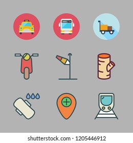 road icon set. vector set about train, placeholder, wind sign and bus icons set.