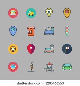 road icon set. vector set about school bus, car, traffic lights and train icons set.