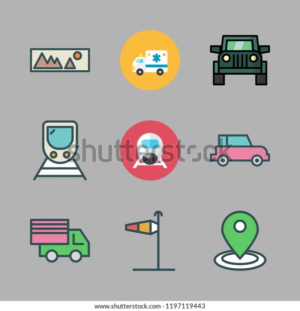 road icon set. vector set about\
ambulance, cargo truck, train and landscape icons\
set.
