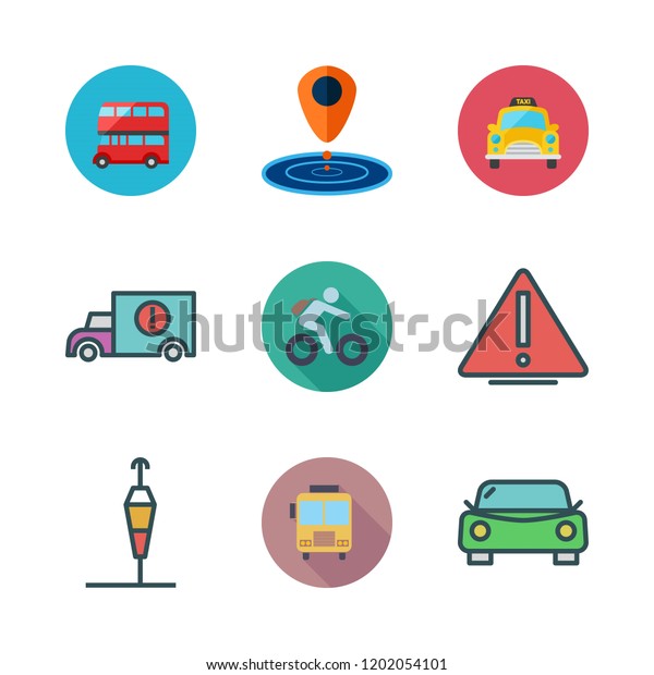 road icon set. vector set about wind sign,
car, placeholder and school bus icons
set.