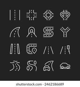 Road icon set, white lines on black background. Forks, highways, tunnels, streets for vehicles. Different road sections. Customizable line thickness