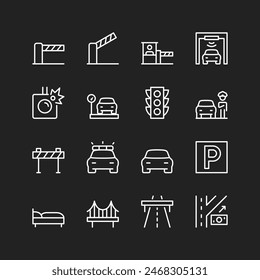 Road icon set, white lines on black background. High-speed toll road, freeway, checkpoint. Road infrastructure: dividing strips, interchanges, payment terminals, barriers. Customizable line thickness