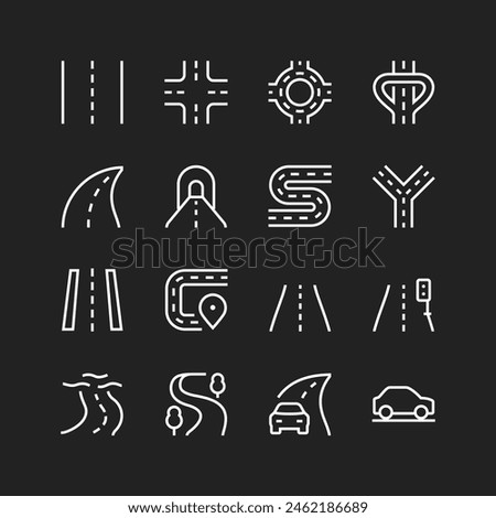 Road icon set, white lines on black background. Forks, highways, tunnels, streets for vehicles. Different road sections. Customizable line thickness