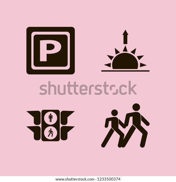 road icon. road vector icons set\
sunrise, pedestrian people, parking sign and traffic\
signs