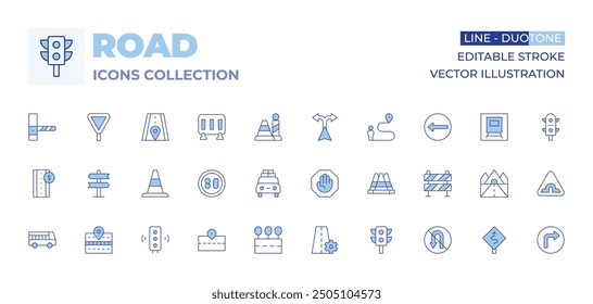 Road icons collection. Line Duotone style, editable stroke. toll road, road, speed limit, barrier, holidays, cone, route, traffic cone, road signs, yield, stop sign, directions.