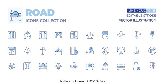 Road icons collection. Line Duotone style, editable stroke. roundabout, warning sign, racing game, road banner, toll road, narrow bridge, road block, barrier, signals.