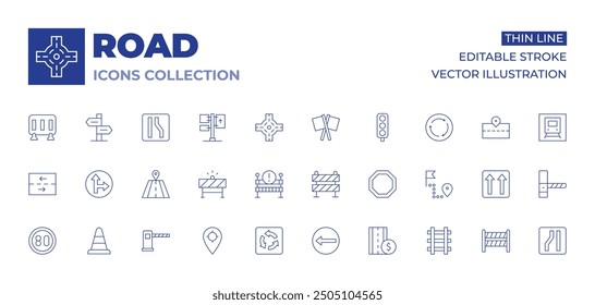 Sammlung von Straßensymbolen Symbole für dünne Linien, editierbarer Strich. geradeaus oder rechts, rechts, Verkehrskegel, Schild, Straßenschranke, Geschwindigkeitsbegrenzung, Straßensperre, Kreisverkehr, Tracking, Schranke.