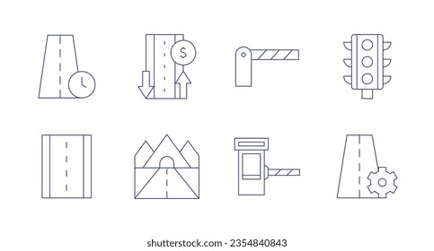 Road icons. Editable stroke. Containing time, road, barrier, traffic light, border, settings.