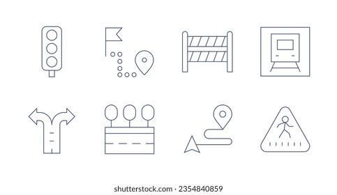 Iconos de carreteras. Trazo editable. Con semáforos, distancia, barrera, tren, dos vías, carretera, marcador de posición, paso de cebra.